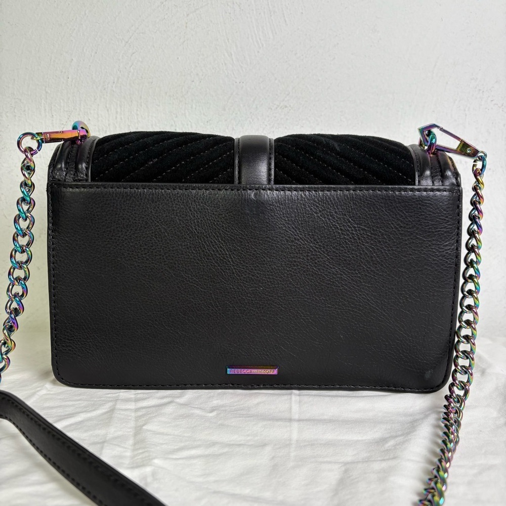Rebecca Minkoff Oil Slick Suede Iridescent Love Chevron Quilted Crossbody Bag - Picture 7 of 16